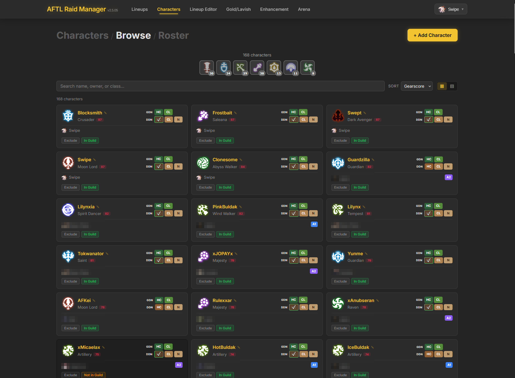 The character browser: a filterable grid of 168 characters with class icons, gear score, and per-raid completion checkmarks