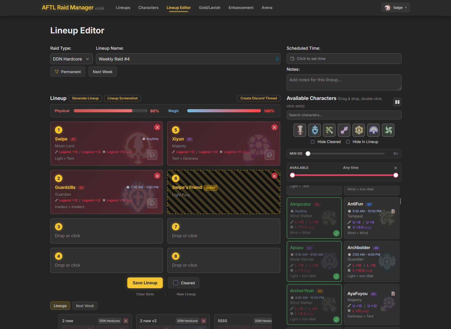 The lineup editor: numbered drop slots, a guest character slot, live physical/magic balance meters, and a filterable pool of available characters