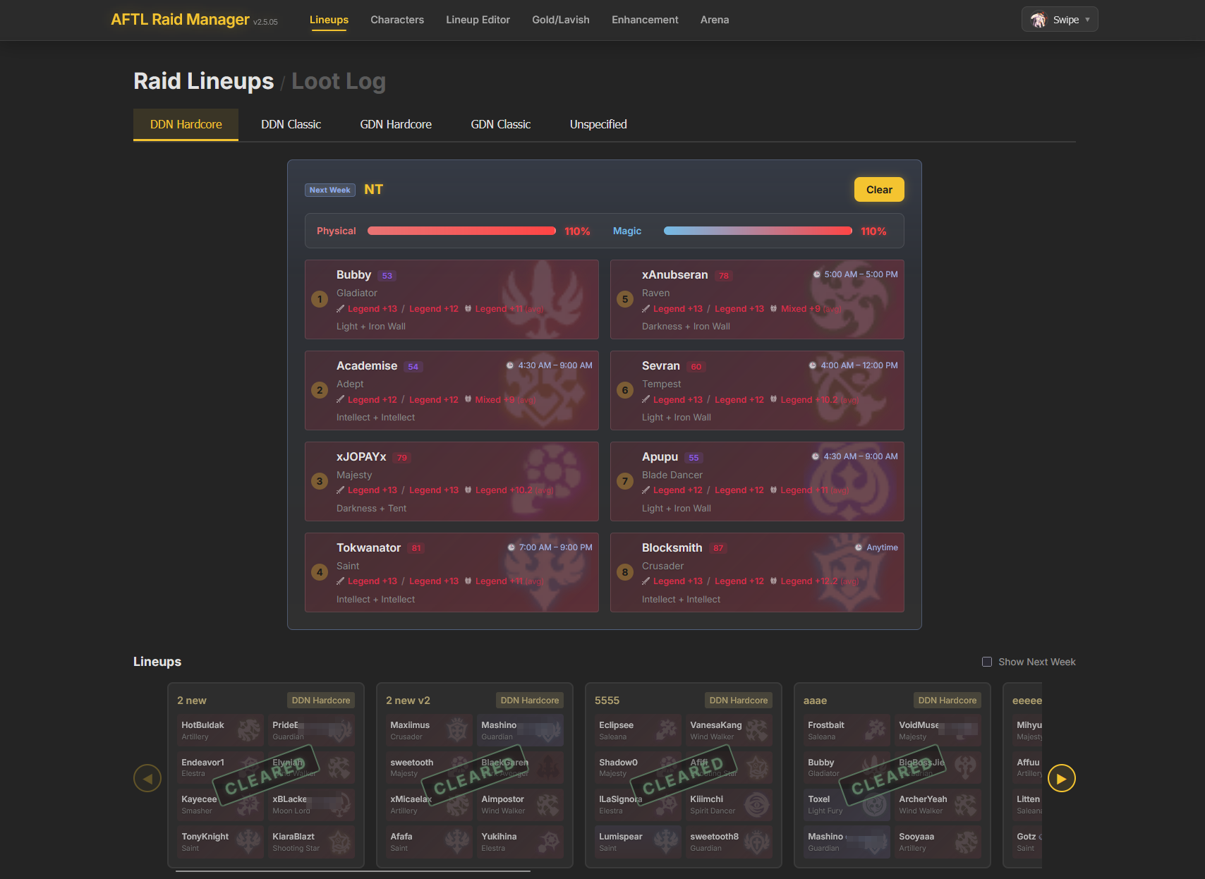 The raid lineups page: eight character cards with gear levels and availability windows, a physical and magic balance meter, and a row of saved lineups below