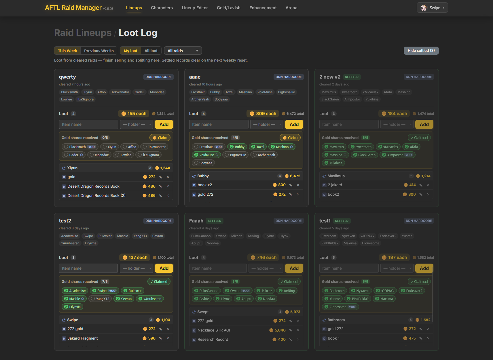 The loot log: cards for each cleared raid showing items, gold value per member, and per-player claim status