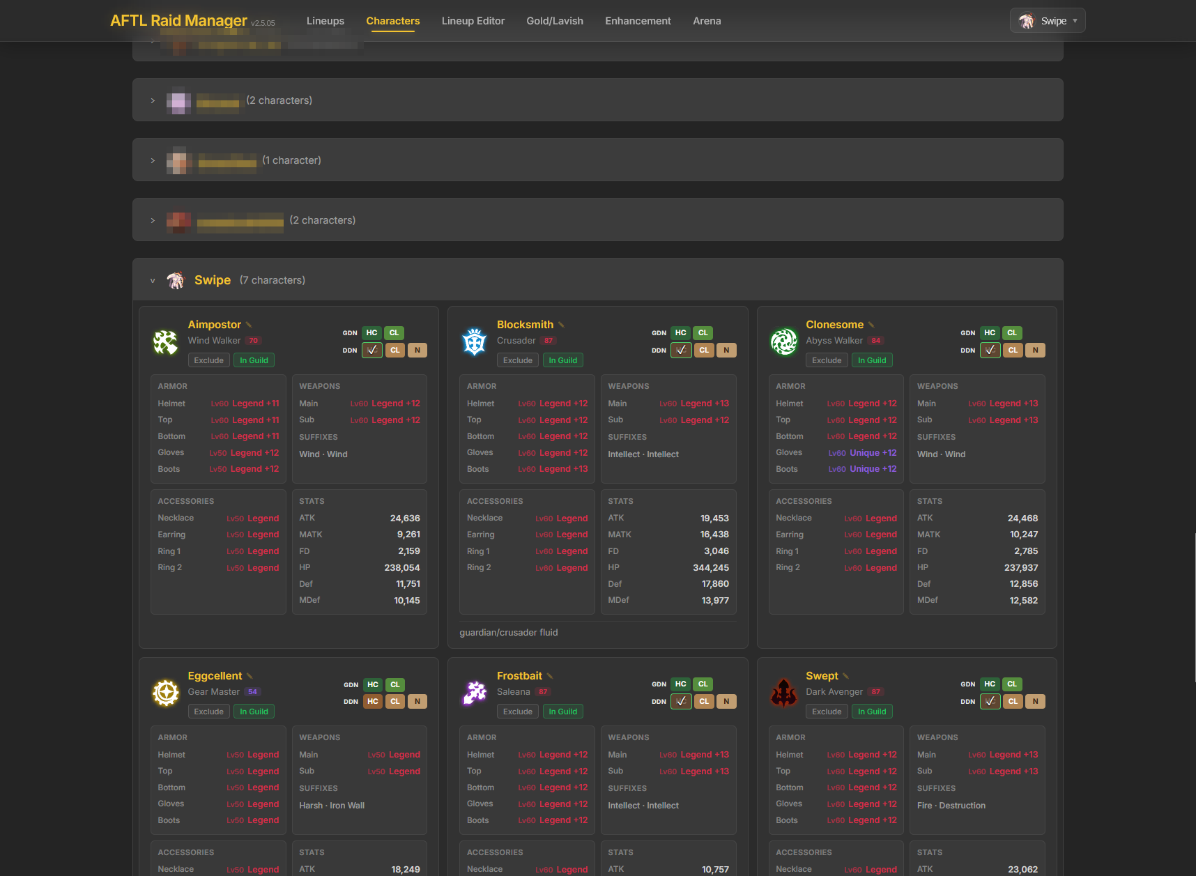 The roster view grouped by owner, expanded to show one account's characters with full armor, weapon, accessory, and stat breakdowns
